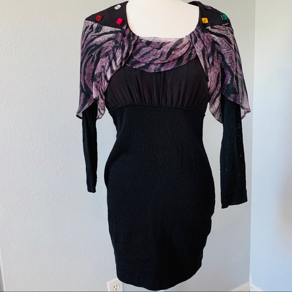 Vintage 80’s/90’s Long Sleeve Black Body Con Dress - Picture 2 of 8